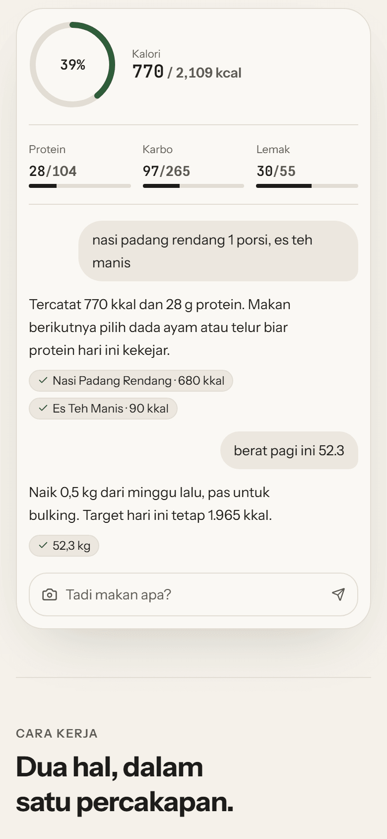Dashboard Flex: kalori dan makro hari ini, dengan makanan yang dicatat dari satu kalimat