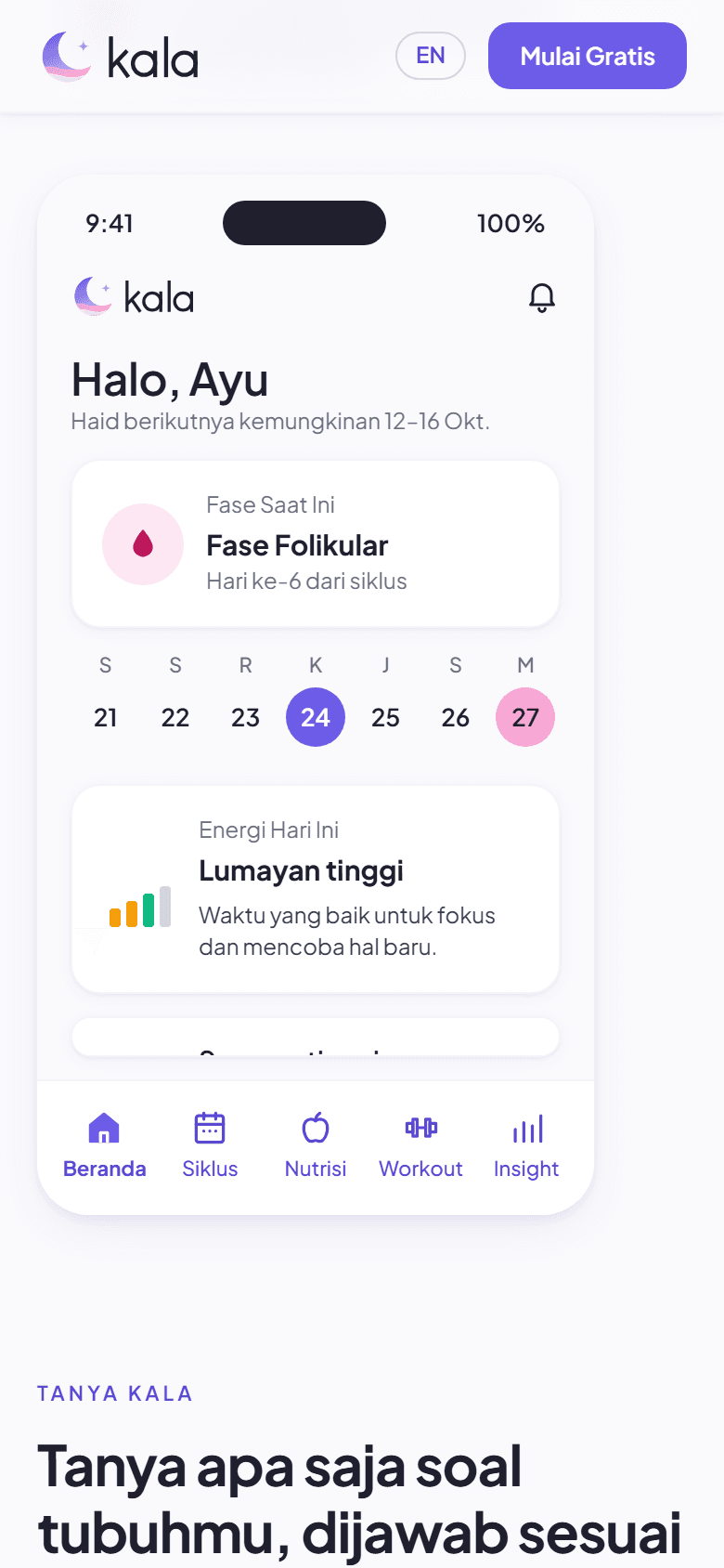 Beranda aplikasi Kala: fase siklus saat ini, kalender minggu ini, dan energi hari ini