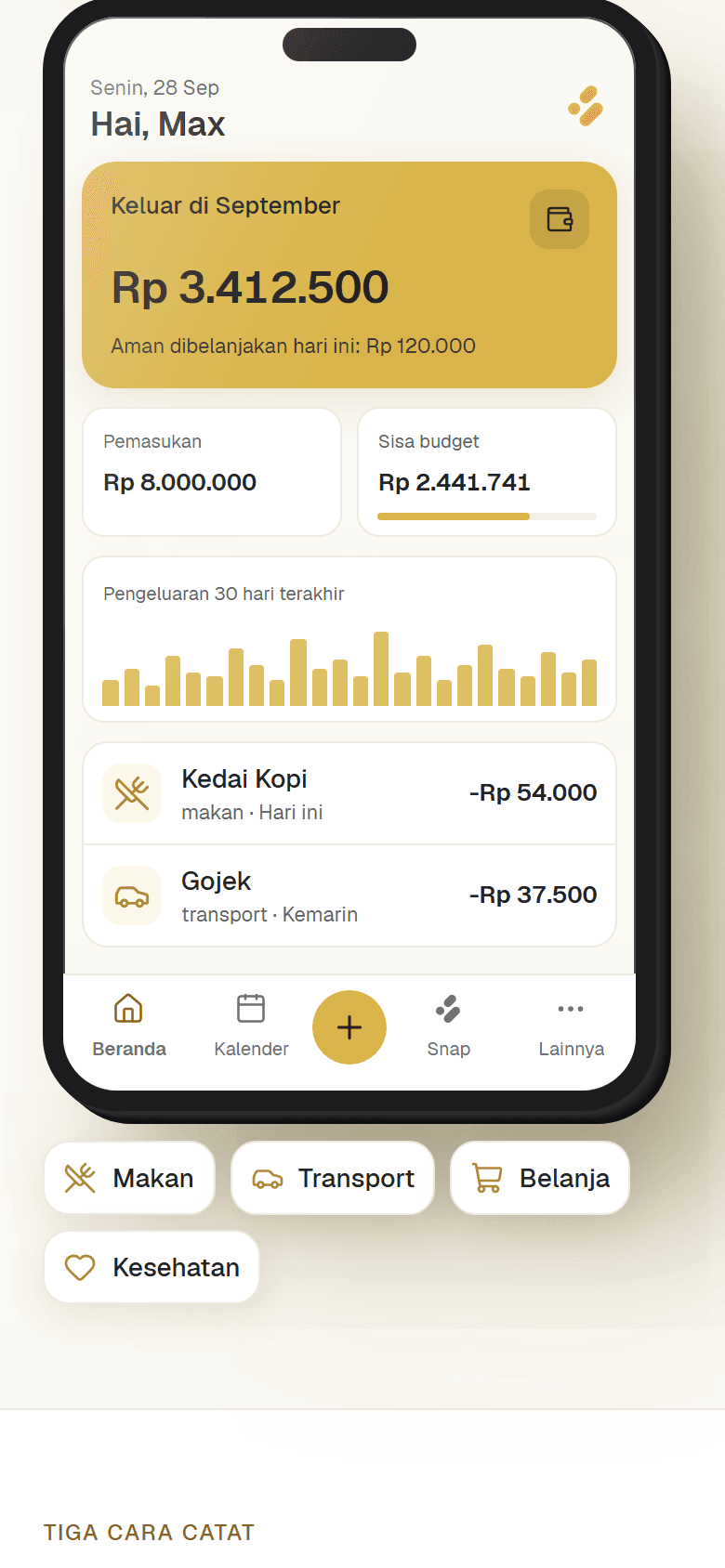 Beranda aplikasi Snap Money: total pengeluaran bulan ini, sisa budget, dan transaksi terakhir
