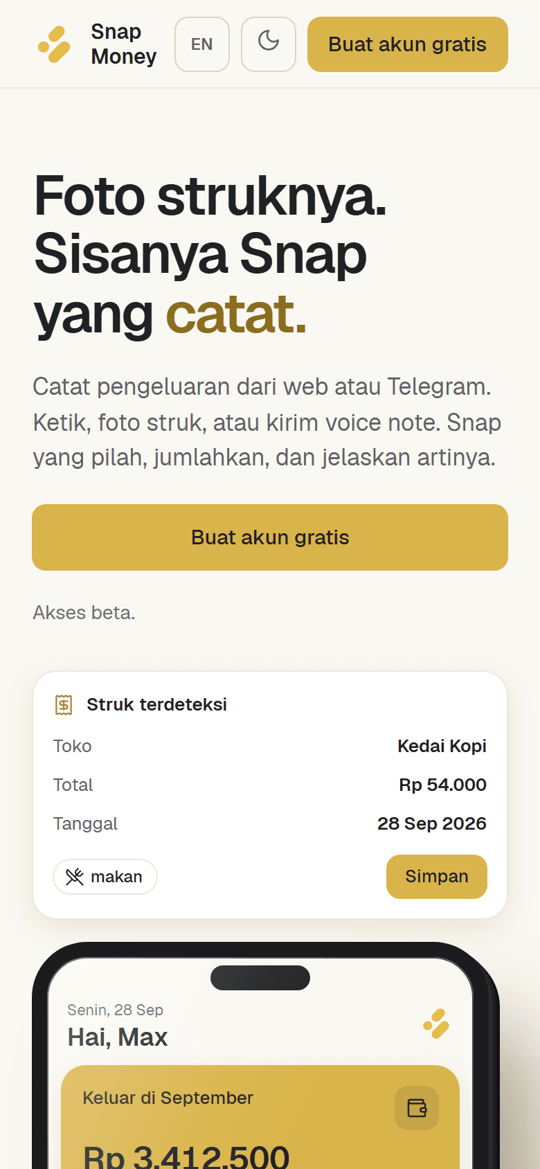 Halaman depan Snap Money di ponsel